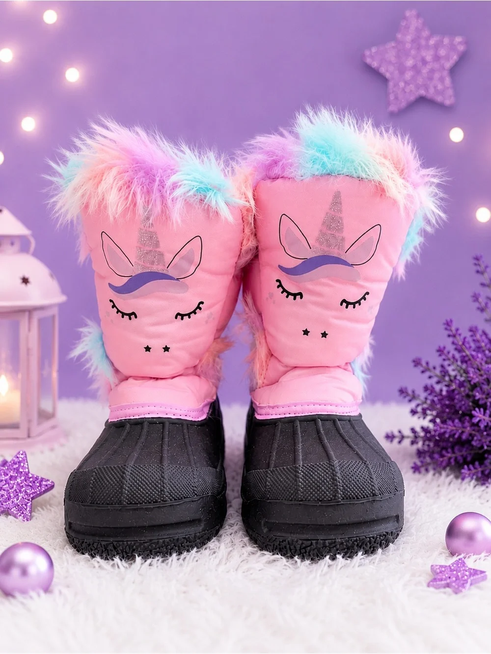 Girls Unicorn Winter Boots - Pink with Pastel Fur, Size 7 NWOT